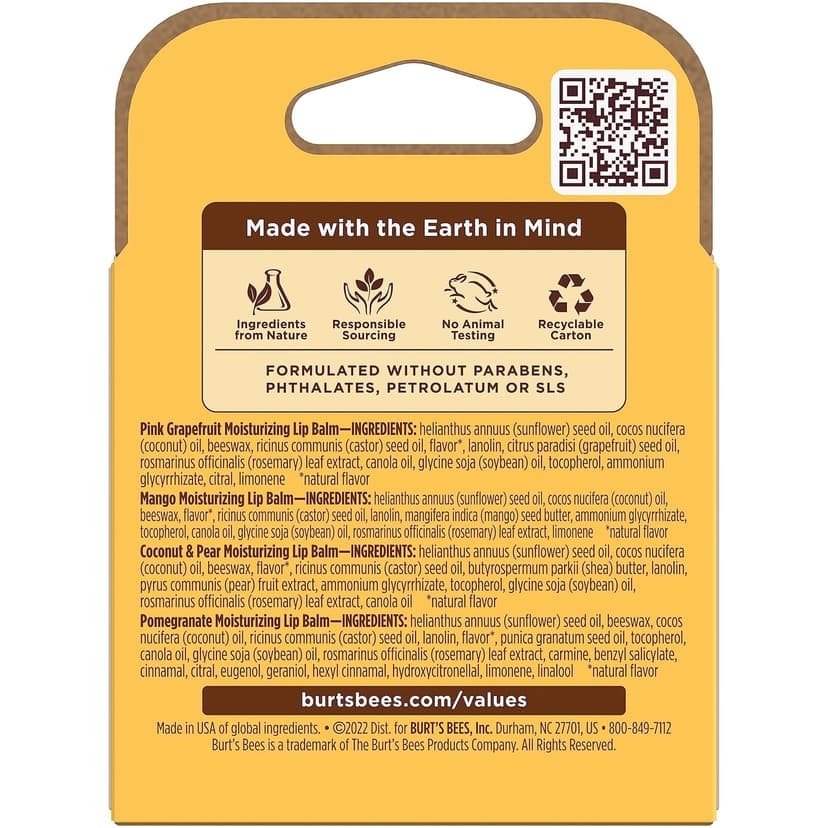 Burt's Bees Lip Balm - Pink Grapefruit, Mango, Coconut & Pear, and Pomegranate Pack, Lip Moisturizer With Beeswax, Tint-Free, Natural Origin Conditioning Treatment, 4 Tubes, 0.15 oz.