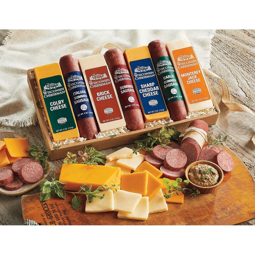 The Wisconsin Cheeseman 21 Favorites Food Gift Box with Assorted Summer Sausage Meats & Cheese Bricks w/Meat and Cheese Combo Featuring Italian, Original and Garlic Summer Sausage