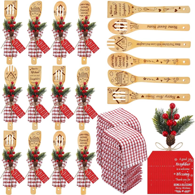 Mimorou 12 Set Neighbors Gift for Christmas Housewarming Neighbors Birthday Welcome Christmas Appreciation Gifts Xmas Kitchen Cooking Utensils Set with Spoon Towels Artificial Pine Picks Thank You Tag