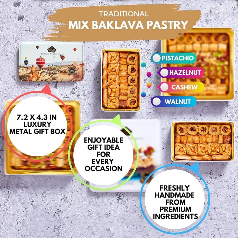 Cerez Pazari Baklava Pastry 8.5oz, Baklava Gift Box with Rich Pistachios, Walnuts, Hazelnuts and Cashews, Halal Shatila Baklava, Traditional Turkish Arabic Dessert Gift Box, Sweet Food Gifts for Women