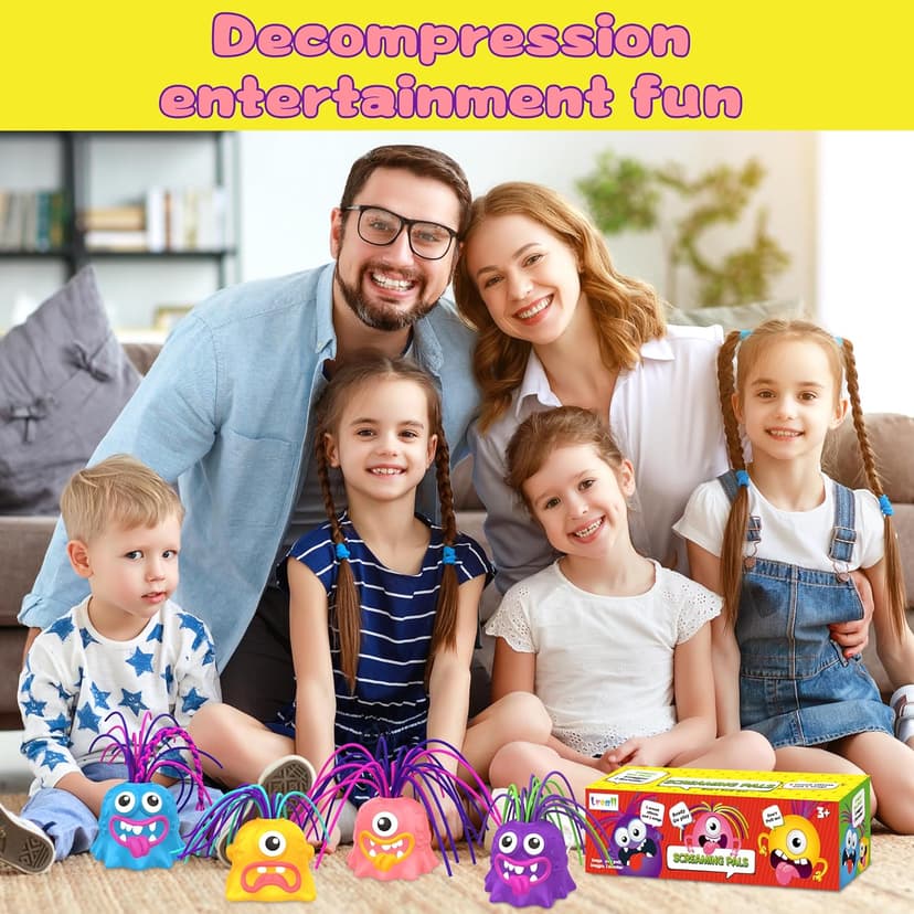 4PCS Fun Hair Pulling Fidget Screaming Monster Toys, Anti Anxiety Toys and Venting Novelty Toys, Different Screams Made by Hair Pulling, Halloween Christmas for 3 4 5 6 7+ Kids Teen Boys Girls Gifts