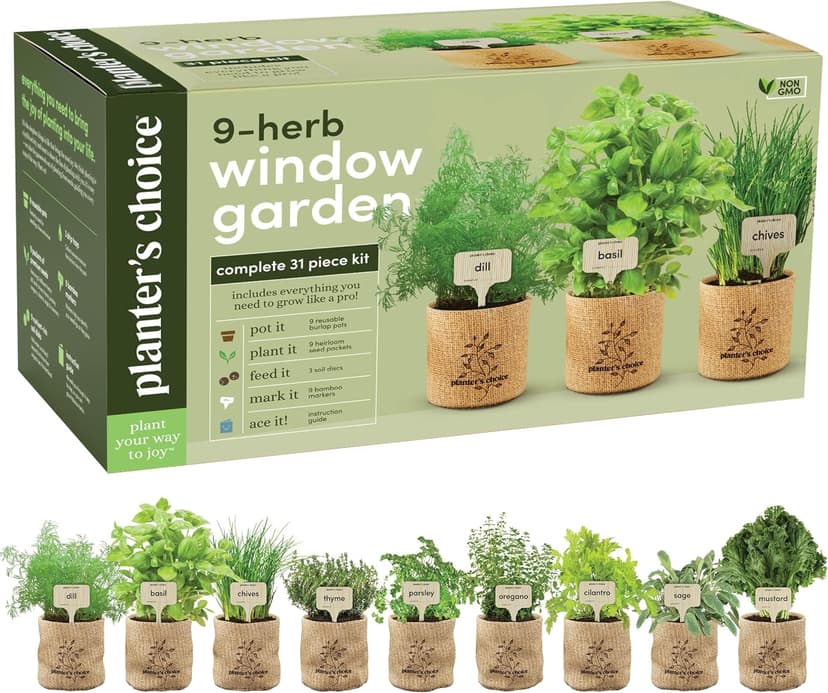 Planters' Choice 9 Herb Indoor Window Garden Kit - House Plants Seeds - Best Unique Gift Ideas for Women, Mom, Friend, Her, Birthday, Housewarming, Mother - New Home Kitchen Gifts - Live Plant Starter