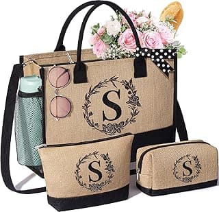 Personalized Christmas Gifts for Women Tote Bag, Initial Jute Tote Bag & Makeup Bags Monogrammed Beach Bag w/Zipper, Holiday Birthday Gifts for Women Her Friend Mom Daughter Sister Girlfriend Teacher