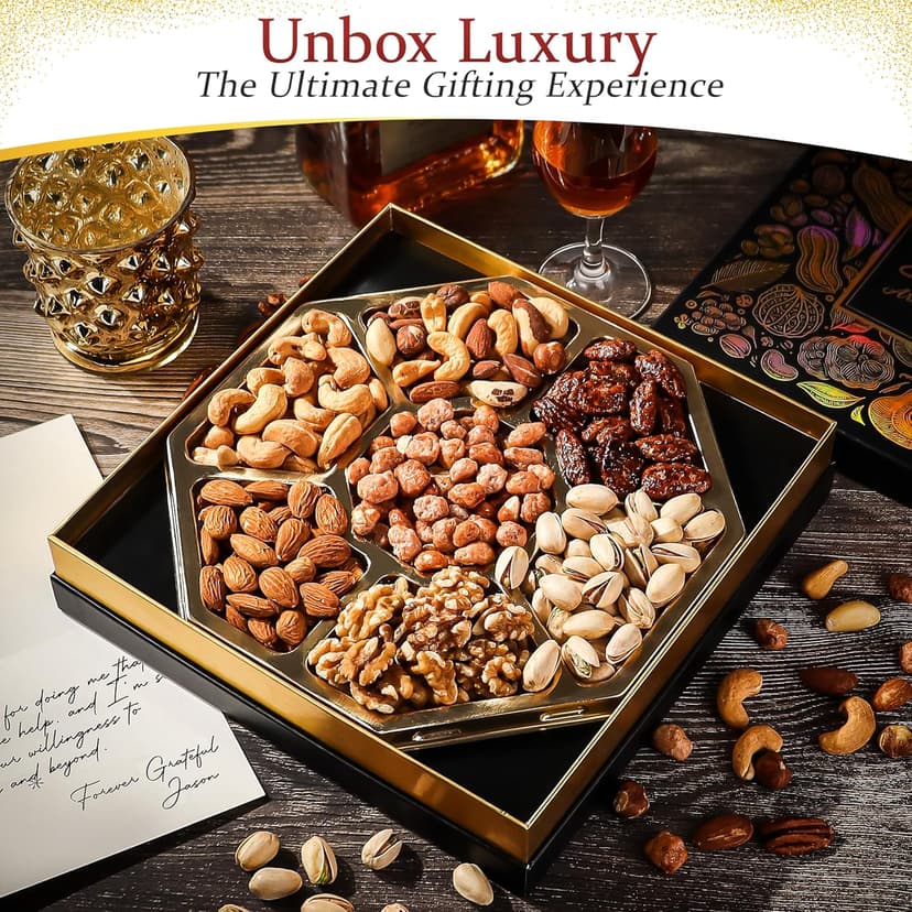 Nuts Gift Basket - Gourmet Nut Mix Gift Box, 7 Section Snack Basket with Assorted Nuts, Premium Nut Mix, Thoughtful Gifts for Holidays, Birthdays and Special Occasions