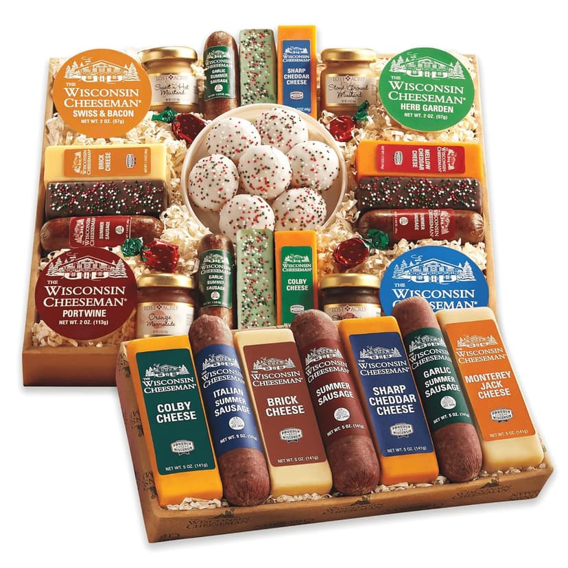 The Wisconsin Cheeseman 21 Favorites Food Gift Box with Assorted Summer Sausage Meats & Cheese Bricks w/Meat and Cheese Combo Featuring Italian, Original and Garlic Summer Sausage