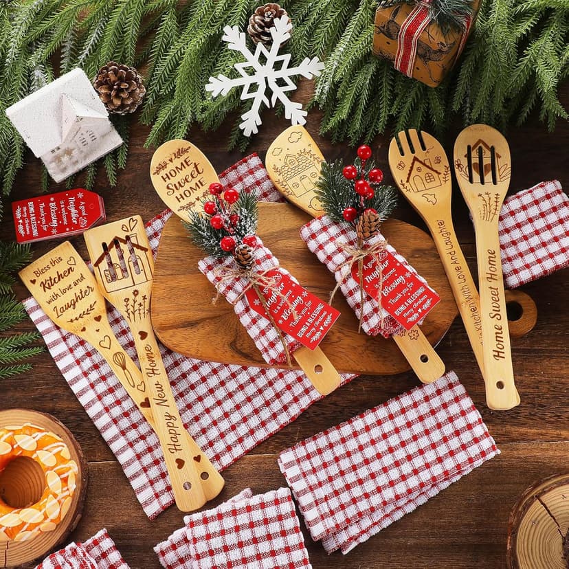 Mimorou 12 Set Neighbors Gift for Christmas Housewarming Neighbors Birthday Welcome Christmas Appreciation Gifts Xmas Kitchen Cooking Utensils Set with Spoon Towels Artificial Pine Picks Thank You Tag