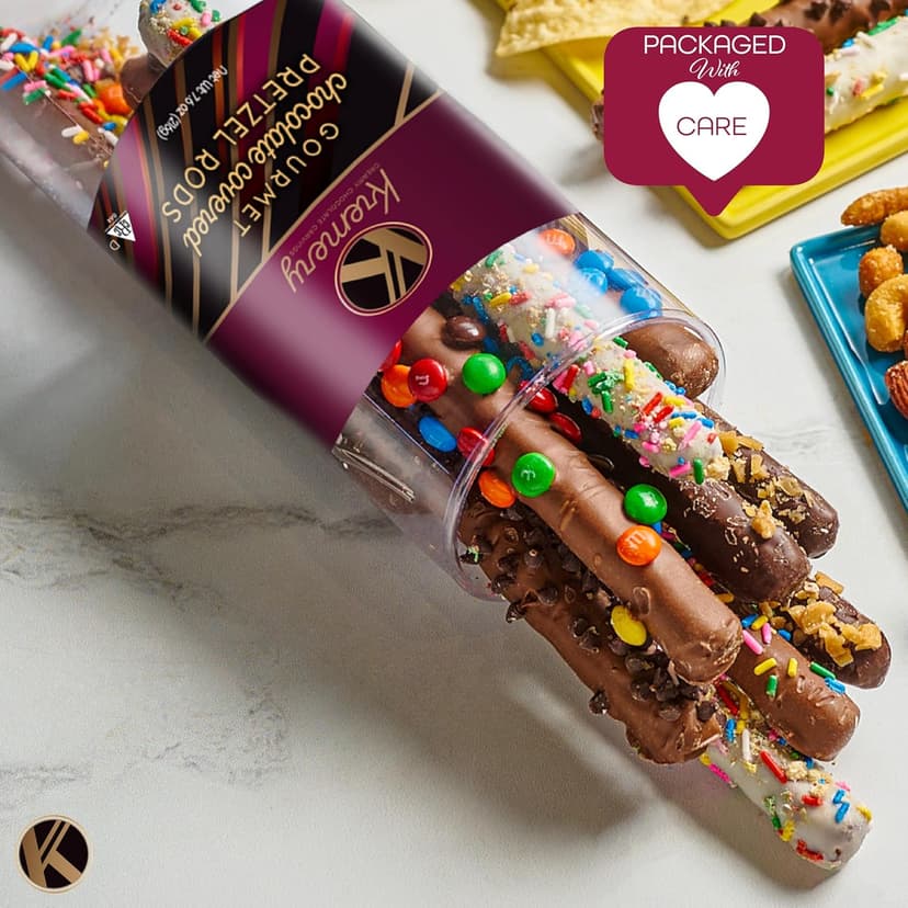 KREMERY Creamy Chocolate Cravings - Holiday Christmas Chocolate Covered Pretzel Rods Gift Basket, in Clear Tube (8 Pretzels, Assorted Sweet Toppings) Xmas Treats Food Arrangement, Kosher