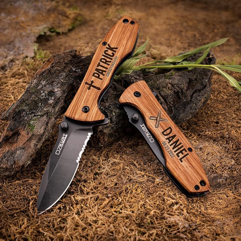 Gifts for Men, Personalized Engraved Oak Wood Pocket Knife - 36 Icons, 20 Stylish Font - Custom Pocket Knives