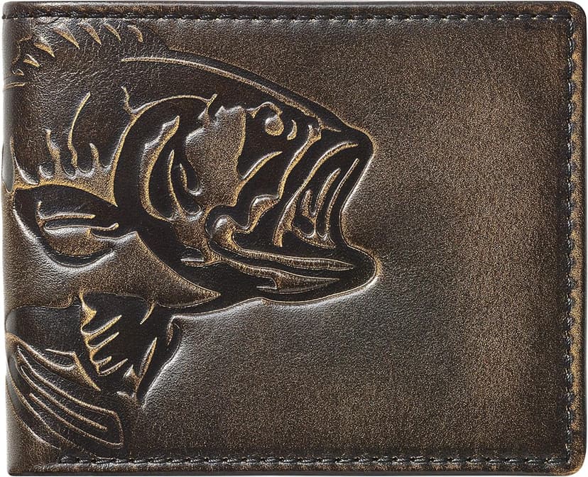 House of Jack Co. Bass Fish Bifold Wallet for Men and Outdoorsmen with Two ID Windows, Full Grain Cowhide Leather Wallet, Black