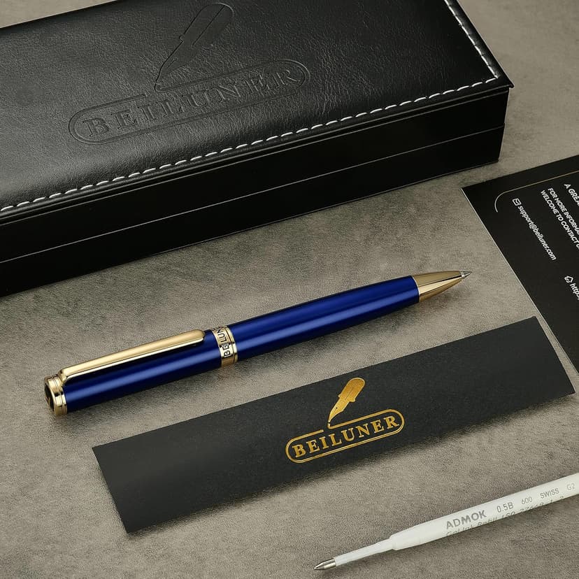 BEILUNER Blue Lacquer Gel Pen - Stunning Luxury Pen with 24K Gold Finish, ADMOK Black Refill, Executive Gift Set for Family & Friends, Writing, Fancy, Office, Retractable Pens