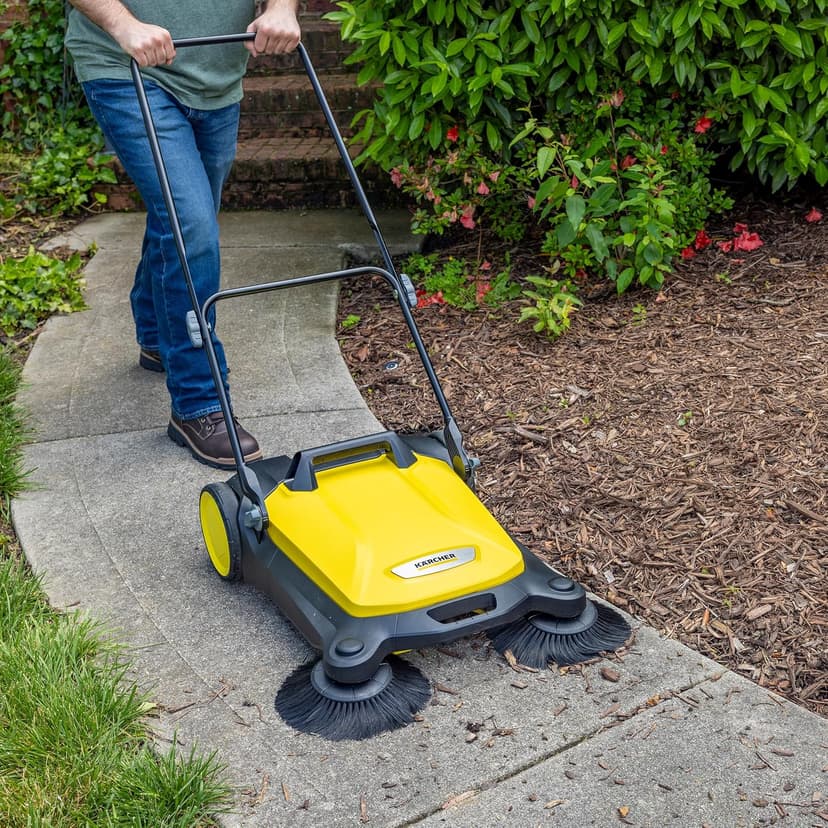 Kärcher Walk Behind Outdoor Push Sweeper S 4 Twin for Workshops, Warehouses or Garages - 5X Faster Than a Push Broom, 5.25 Gallon Capacity, 26.8" Sweeping Width