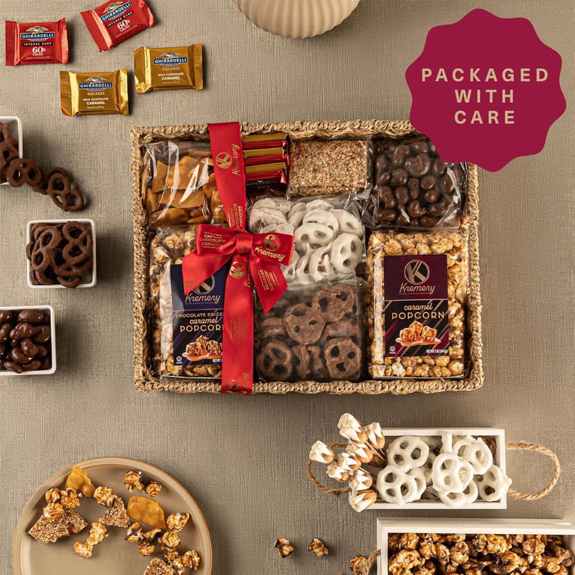 KREMERY Creamy Chocolate Cravings - Holiday Christmas Chocolate Covered Pretzels & Caramel Popcorn Gift Basket, in Seagrass Tray + Ribbon (Deluxe, 3.5 lbs) Xmas Treats Food Arrangement, Kosher