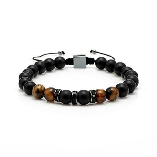 JoycuFF Gifts for Men Natural Tiger Eye Black Matte Agate Bracelets, Christmas Birthday Gifts for Boyfriend Husband Brother from Girlfriend Wife, To My Man Bead Bracelets