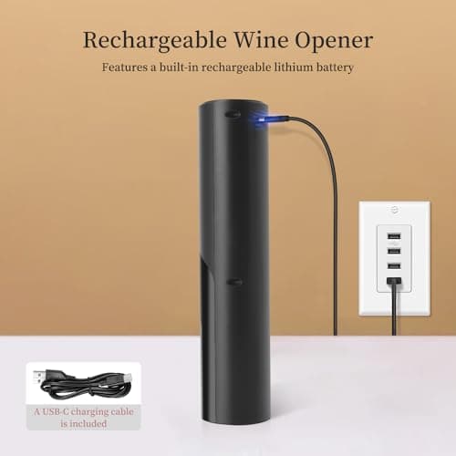 Electric Wine Opener Set by ELMWAY - Rechargeable Wine Bottle Opener & Corkscrew with Foil Cutter / 4 x Vacuum Stoppers/Premium Wine Aerator Pourer, Ideal Wine Gifts for Wine Lovers - Black