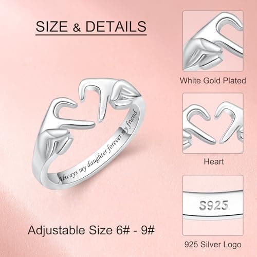 925 Sterling Silver Heart Claddagh Rings for Women Teens, Adjustable White Gold Plated Ring Friendship Promise Love Heart Jewelry Rings Mothers Day Valentines Holiday Gifts for Women Friends