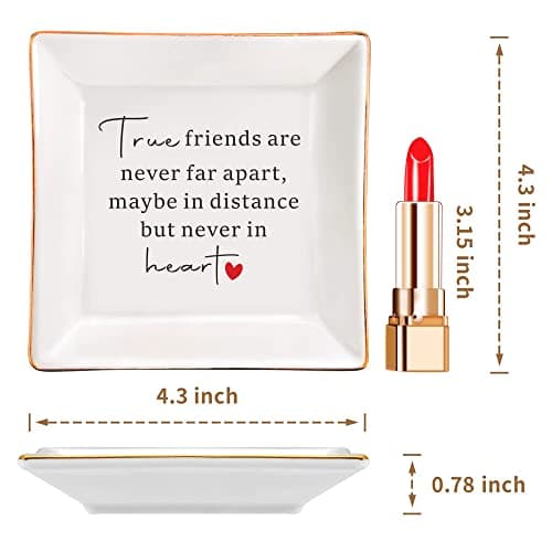 SUNBMO Good Friends Bestie Gifts for Her Ceramic Jewelry Trinket Dish - True Friends are Never Far Apart, Maybe in Distance but Never in Heart