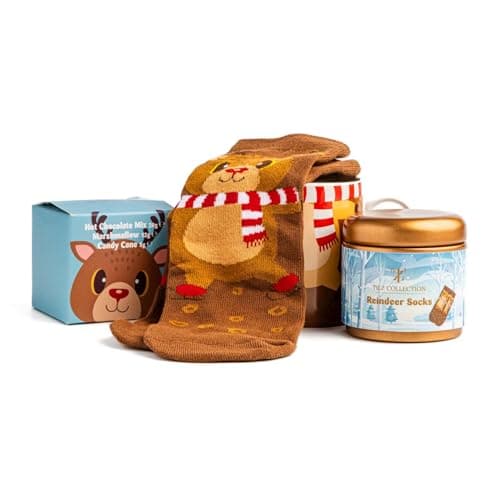 Hot Chocolate Gift Set With Reindeer Mug - Sachets, Mini Marshmallows, Candy Canes and Socks Included