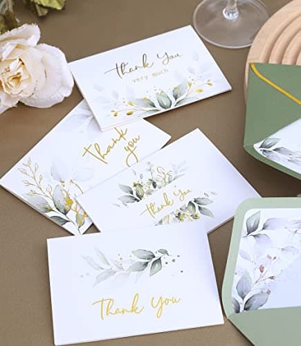 Winoo Design 100 PK Luxurious Gold Thank You Cards with Envelopes Bulk Sage Green - 5x3.5 Inches Wedding Thank You Notes Baby Shower Greenery Bridal Shower Small Business