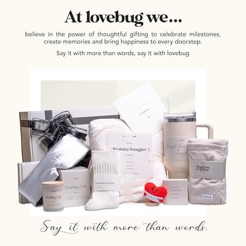 lovebug Mom Birthday Gifts - Thoughtful Gift Box for Mom with Blanket, Candle, Tumbler, Socks, Self Care Items - Get Well Soon Care Package Set - Birthday Gift Basket for Women