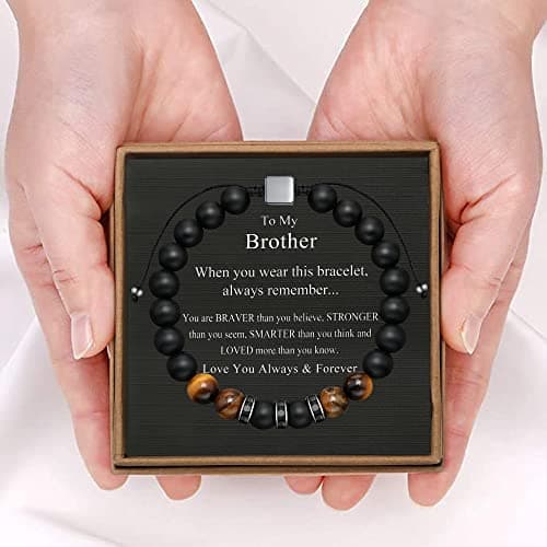 JoycuFF Gifts for Men Natural Tiger Eye Black Matte Agate Bracelets, Christmas Birthday Gifts for Boyfriend Husband Brother from Girlfriend Wife, To My Man Bead Bracelets