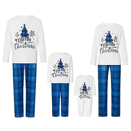 Awoscut Christmas Family Matching Pajamas Sets Christmas PJ's Letter Print Top and Plaid Pants Jammies Sleepwear