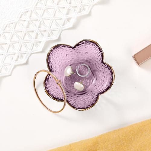 Purple Flower Jewelry Dish Glass Ring Dish Jewelry Tray Cute Vanity Organiser Room Decor Aesthetic Nightstand Bathroom Decor Trinket Dish Ring Holder Valentine's Friendship Birthday Gifts for Women