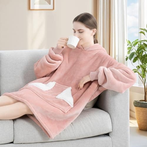 Touchat Wearable Blanket Hoodie, Oversized Sherpa Blanket Sweatshirt with Hood Pocket and Sleeves, Super Soft Warm Plush Hooded Blanket for Adult Women Men, One Size Fits All (Pink)