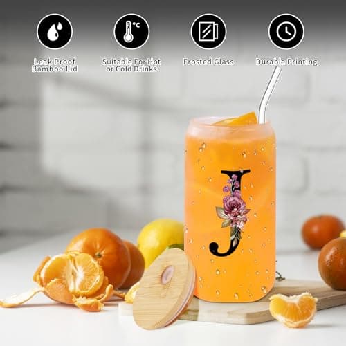 Monogrammed Glass Drinking Cup With Lid Straw Women Her Sister Mom Girlfriend Aunt Best Friend Friendship Grandma Bestie Wife Daughter Law Lady Happy Birthday Gifts Cool Funny Meaningful Unique Cute,J