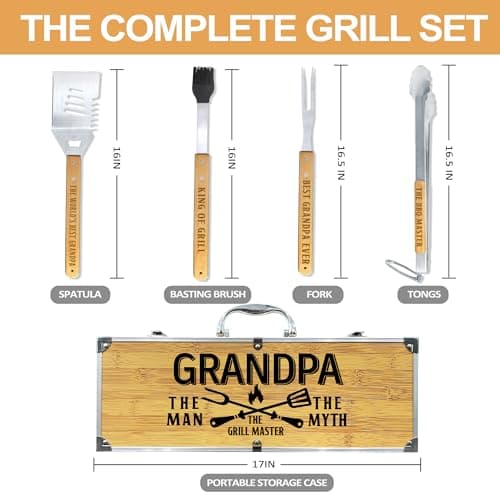 Grandpa Gifts from Grandkids, Fathers Day Grandpa Gift Heavy Duty Wooden BBQ Grilling Accessories Kit for Backyard, Thick Stainless Steel Grill Utensils with Non-Slip Handle Tools in Portable Bag