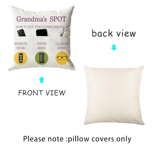 ONFAON Grandma Gifts, Grandma's Spot Throw Pillow Covers 18x18 Inch,Put Phone Glasses and Remote Control Pillowcase,Birthday Christmas hanksgiving Day Gifts for Grandma Mom,3-Pocket