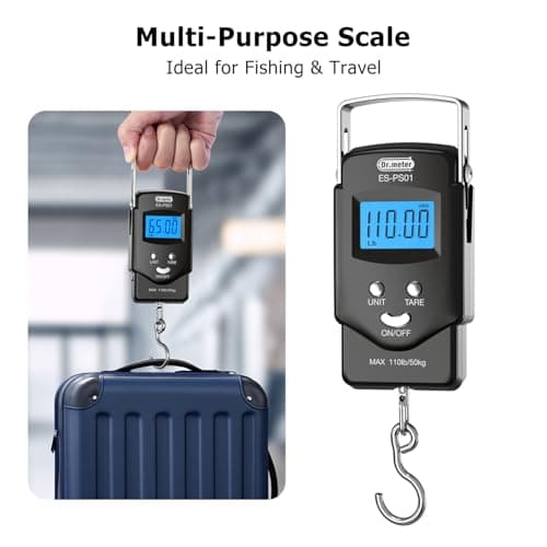 Fish Scale Luggage Scale Fishing Gear - 110lb Backlit LCD Display Digital Scale with Built-in Measuring Tape - Fishing Scale with 2 AAA Batteries, Pocket Size - Fishing Gifts for Men