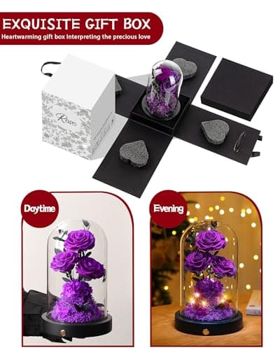 Christmas Flowers Roses Gifts for Mom,Forever Real Preserved Roses in Glass Dome,Christmas Anniversary Thanksgiving Gifts for Wife Girlfriend Women Best Friend Grandma/Purple Rose