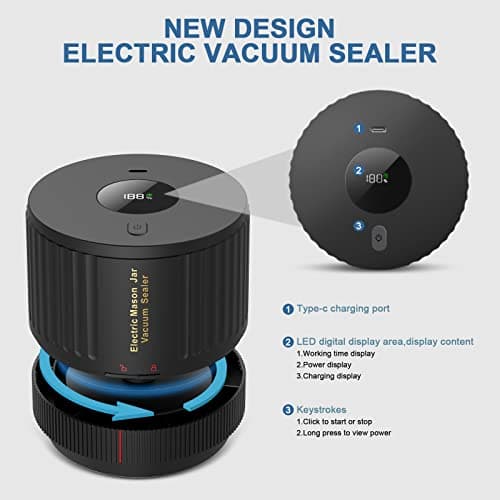 Electric Mason Cordless Vacuum Sealer Kit for Wide-Mouth & Regular-Mouth Mason Jars, for Food Storage and Fermentation, Black