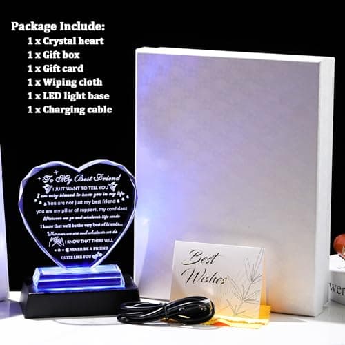 YWHL Best Friend Birthday Gifts with LED Base Bestie Gift for Women Crystal Heart Friendship BFF Gifts for Women Gift Ideas for Best Friend Female on Christmas