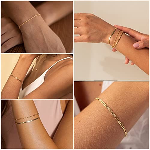 DEARMAY Gold Bracelets for Women Waterproof, 14K Real Gold Jewelry Sets Trendy Thin Dainty Stackable Cuban Link Paperclip Chain Bracelet Pack Fashion Accessories Gifts for Womens