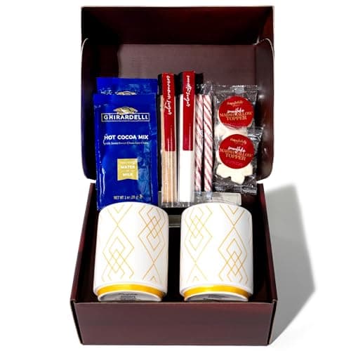 Hot Cocoa for Two Gift Set Made with Ghirardelli, Includes 2 Mugs, 2 Hot Cocoa Mixes, 2 Sugar Toppings, 2 Peppermint Stirrers & 2 Snowflake Marshmallows