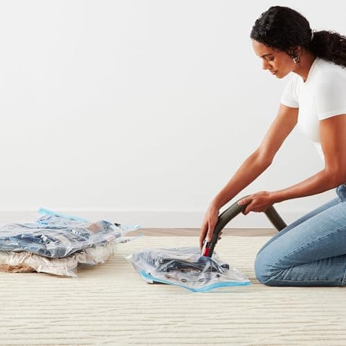 Amazon Basics Vacuum Compression Zipper Storage Bags With Hand Pump, Medium, Clear, 5-Pack, White, Sky Blue