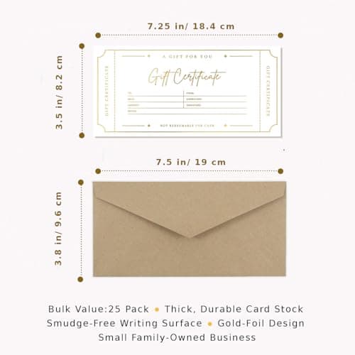 Blank Gift Certificates with Envelopes, 3.5" x 7.25" Blank Gift Certificates for Business, Christmas Gifts, Salon, Spa, Birthday, Mother’s Day or Holiday Gifting, 25 Custom Cards (Gold)