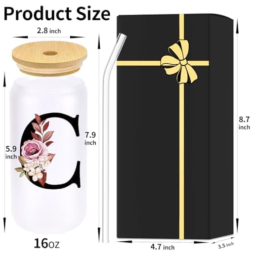 Monogrammed Glass Drinking Cup With Lid Straw Girlfriend Gf Gifts Future Mrs for Her Women Boyfriend 1 One Year Anniversary Meaningful Cute Romantic Christmas Xmas First Valentines I Love You More,C