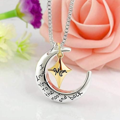 POWER WING Mom Necklace for Women Mom I Love You to The Moon and Back Moon Star Pendant Necklace Birthday Presents for Mom Mothers Gifts from Daughter Son