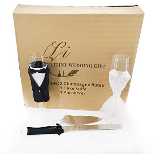 4 Piece Wedding Reception Supplies Wedding Toasting Flutes and Cake Server Set -2 Champagne Glasses, 1 Cutting Knife and 1 Pie Server, Bride and Groom Gifts Wedding Gifts (Gorgeous)