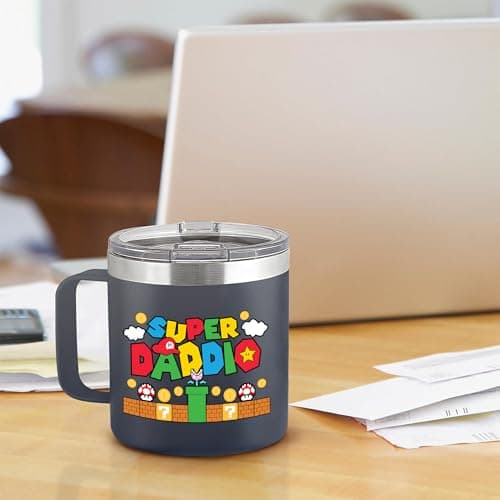 Gossby 14oz Super Daddio Travel Coffee Mug Tumbler - No. 1 Dad Nutrition Facts - Christmas, Fathers Day, Birthday Gift for Dad from Daughter Son Kid - Insulated Stainless Steel Cup with Handle