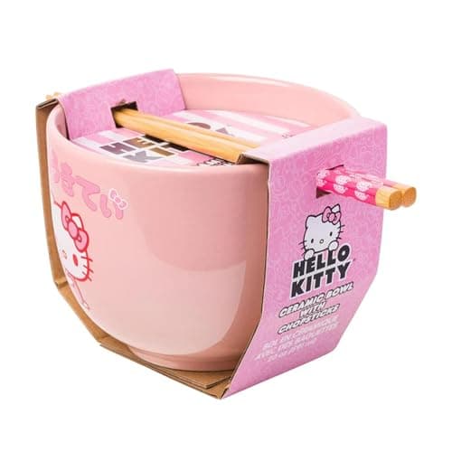 Silver Buffalo Sanrio Hello Kitty Strawberry Milk Japanese Character Ceramic Ramen Noodle Rice Bowl with Chopsticks, Microwave Safe, Pink, 20 Ounces