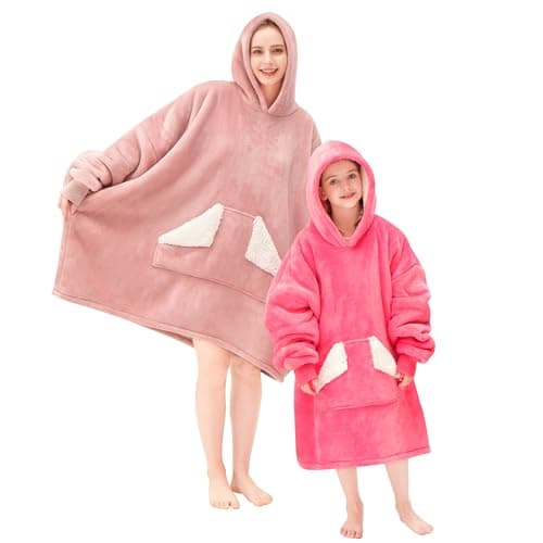 Touchat Wearable Blanket Hoodie, Oversized Sherpa Blanket Sweatshirt with Hood Pocket and Sleeves, Super Soft Warm Plush Hooded Blanket for Adult Women Men, One Size Fits All (Pink)