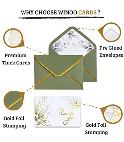 Winoo Design 100 PK Luxurious Gold Thank You Cards with Envelopes Bulk Sage Green - 5x3.5 Inches Wedding Thank You Notes Baby Shower Greenery Bridal Shower Small Business