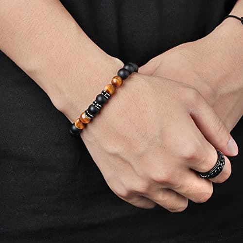 JoycuFF Gifts for Men Natural Tiger Eye Black Matte Agate Bracelets, Christmas Birthday Gifts for Boyfriend Husband Brother from Girlfriend Wife, To My Man Bead Bracelets