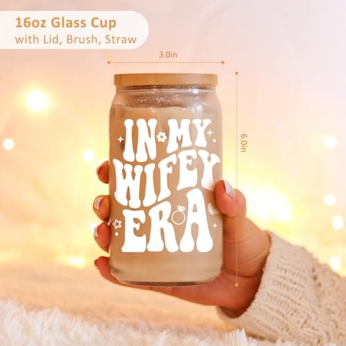 Fairy's Gift Wifey Era Cup, Wedding, Bride Gifts for Her, Bridal Shower, Engagement Gifts for Women, Couples, 16 oz Coffee Glass Cups w/Lids Straws, Bachelorette Presents for Bride to be, Future Mrs