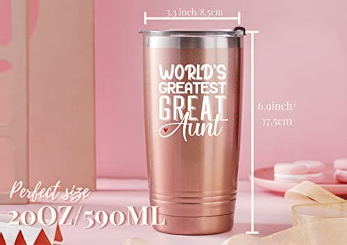 Onebttl Great Aunt Gifts from Niece, Nephew, Insulated Stainless Steel Wine Tumbler with Lid and Straw, Auntie Gifts for Mother’s Day, Birthday, Christmas, 20 oz, Rose gold, World's Greatest Great