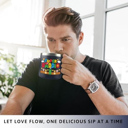 Gossby 14oz Super Daddio Travel Coffee Mug Tumbler - No. 1 Dad Nutrition Facts - Christmas, Fathers Day, Birthday Gift for Dad from Daughter Son Kid - Insulated Stainless Steel Cup with Handle