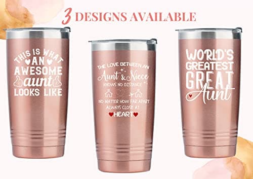 Onebttl Great Aunt Gifts from Niece, Nephew, Insulated Stainless Steel Wine Tumbler with Lid and Straw, Auntie Gifts for Mother’s Day, Birthday, Christmas, 20 oz, Rose gold, World's Greatest Great
